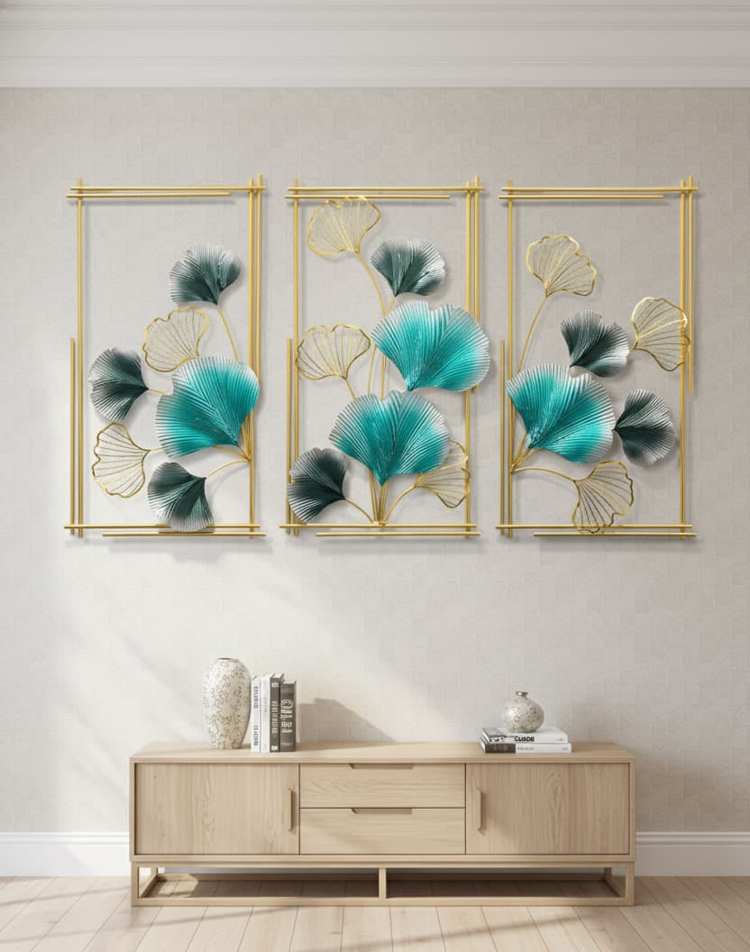 Elegance in Teal: 3-Panel Ginkgo Leaf Wall Decor