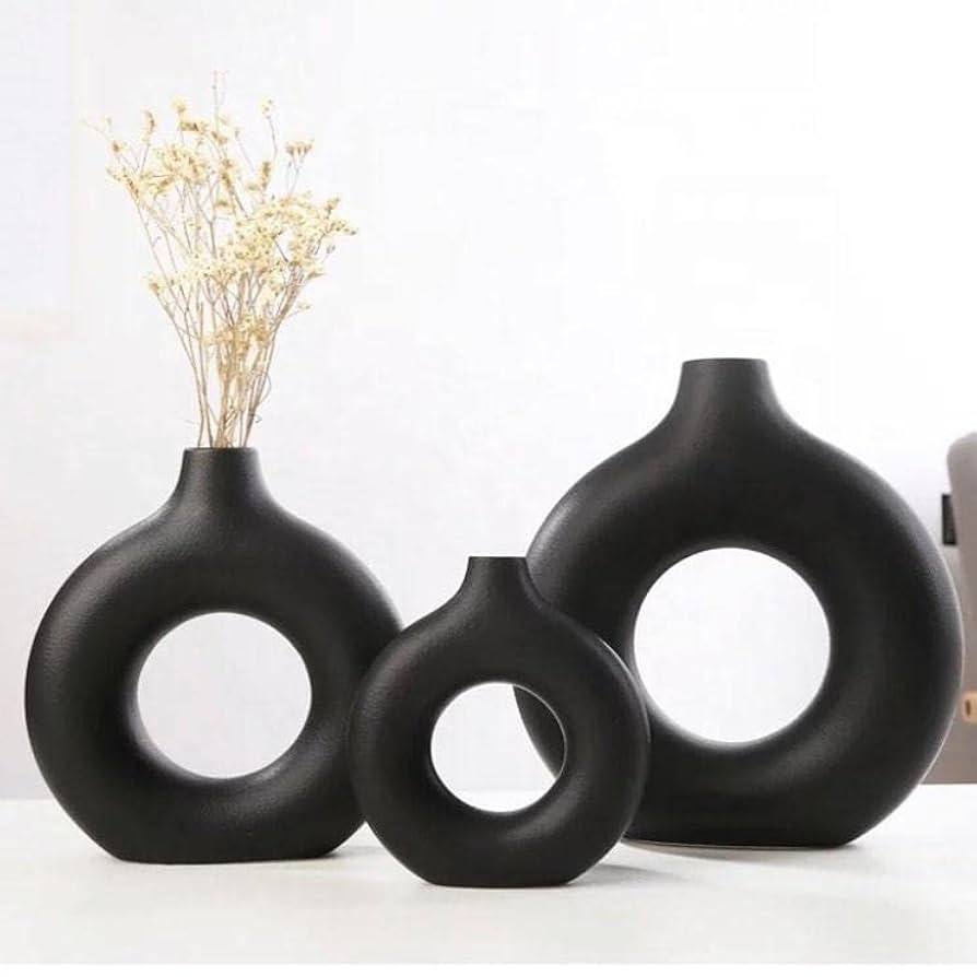 Black Minimalist Ceramic Donut Vase for Home Decor - Multiple Sizes