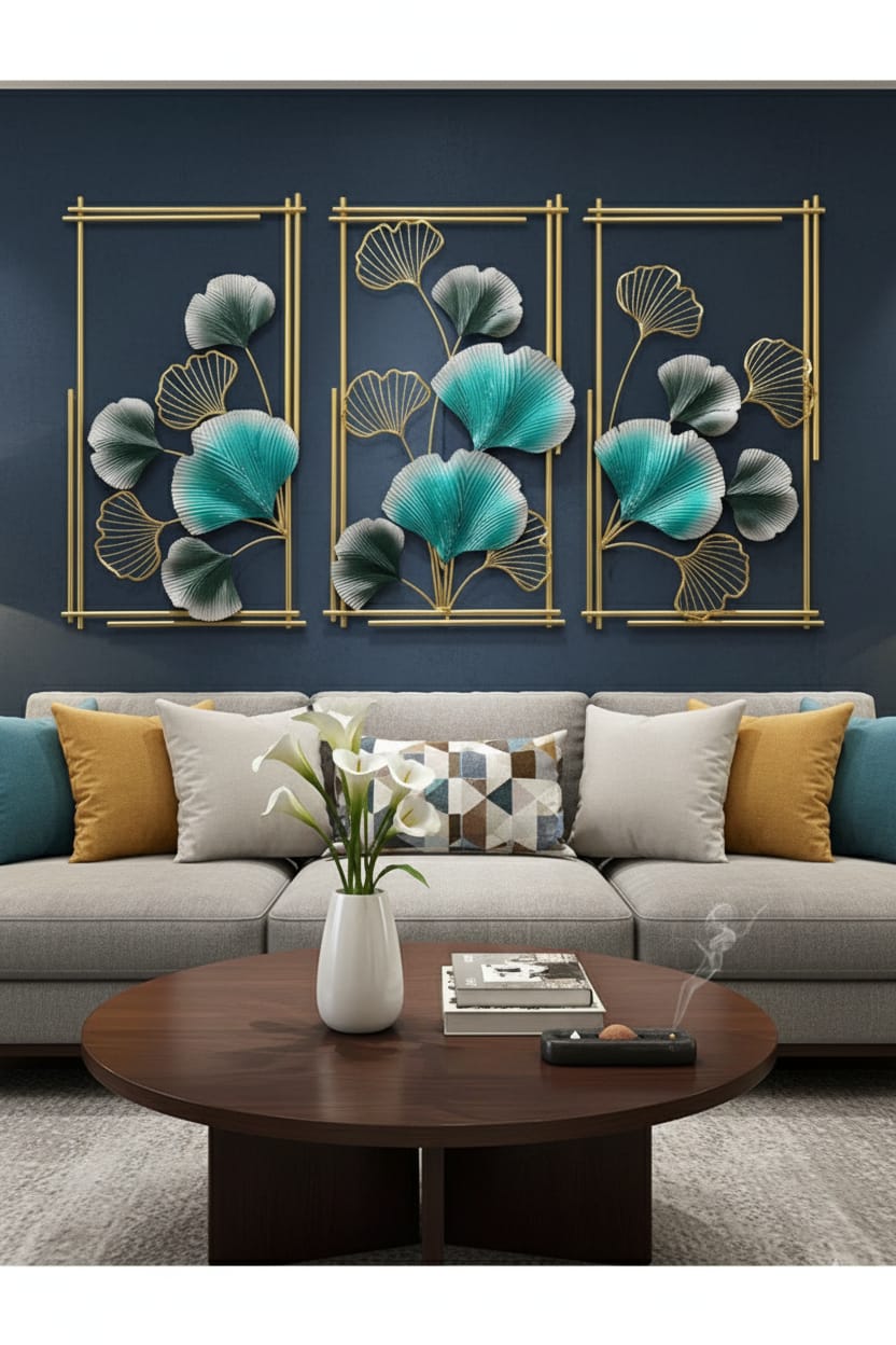 Elegance in Teal: 3-Panel Ginkgo Leaf Wall Decor