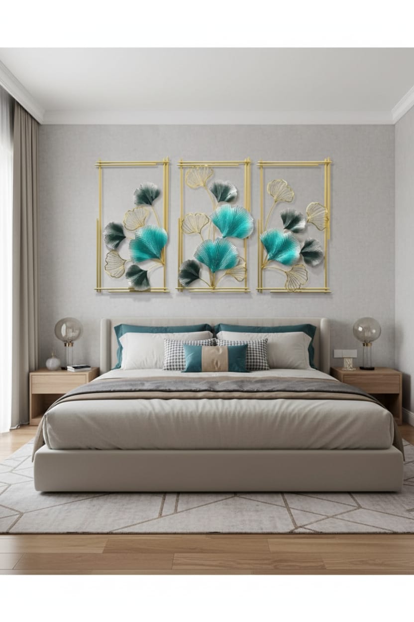 Elegance in Teal: 3-Panel Ginkgo Leaf Wall Decor