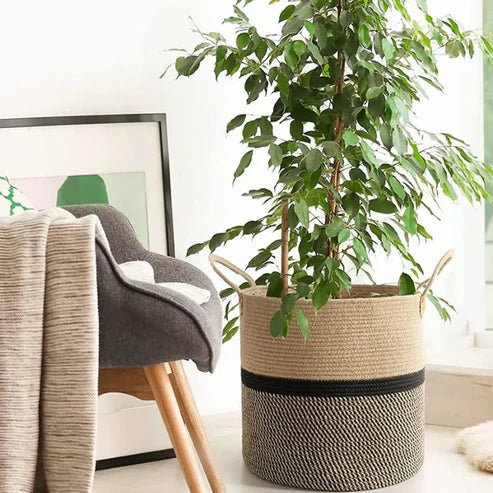 Beige & Black Handmade Cotton Planter & Storage Basket