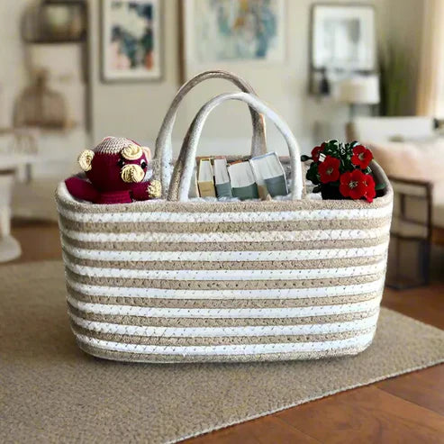 White & Brown Eco Chic Cotton Basket - 9 x 5 x 5 inch