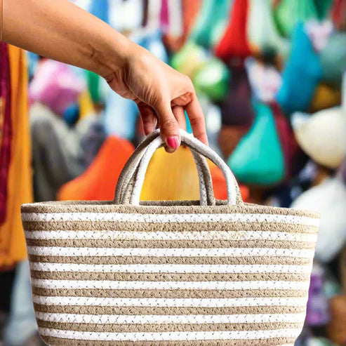 White & Brown Eco Chic Cotton Basket - 9 x 5 x 5 inch