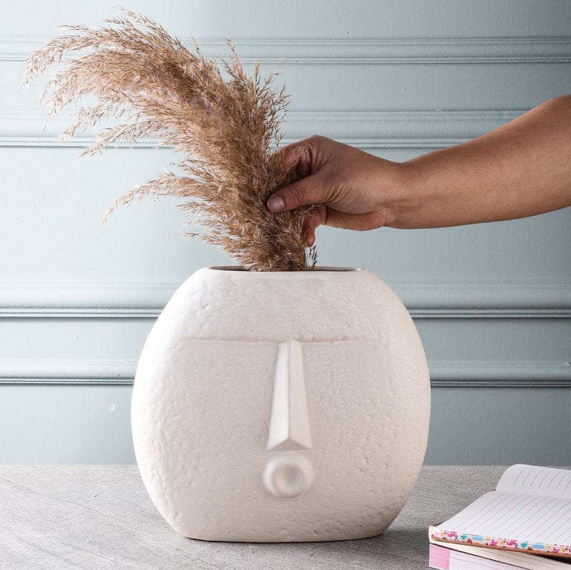 Contemporary Textured Face Shape Off White Matte Ceramic Vase - 2 Sizes