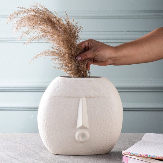 Contemporary Textured Face Shape Off White Matte Ceramic Vase - 2 Sizes