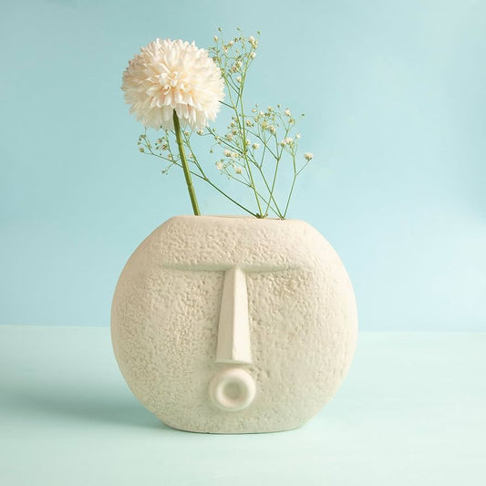 Contemporary Textured Face Shape Off White Matte Ceramic Vase - 2 Sizes