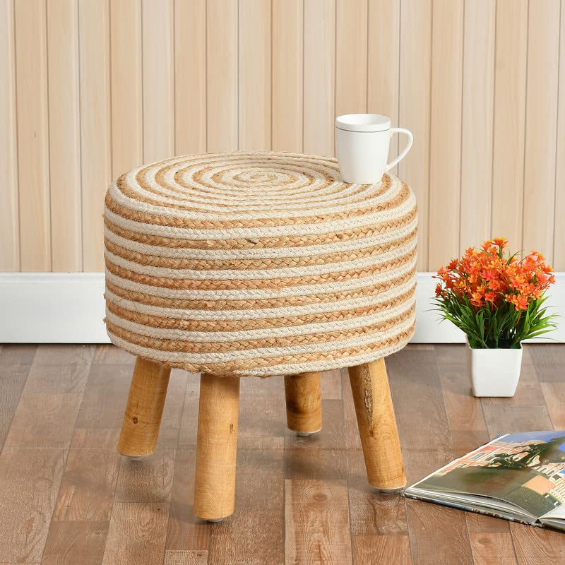 White Cotton Jute Poufs, Wooden Ottoman Stools For Living Room - Multiple Sizes