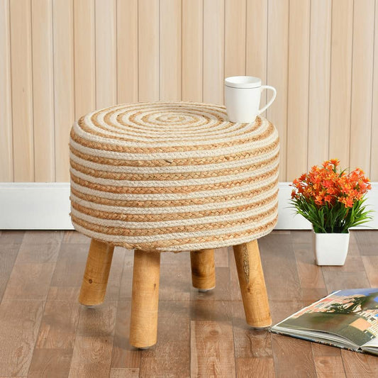 White Cotton Jute Poufs, Wooden Ottoman Stools For Living Room - Multiple Sizes