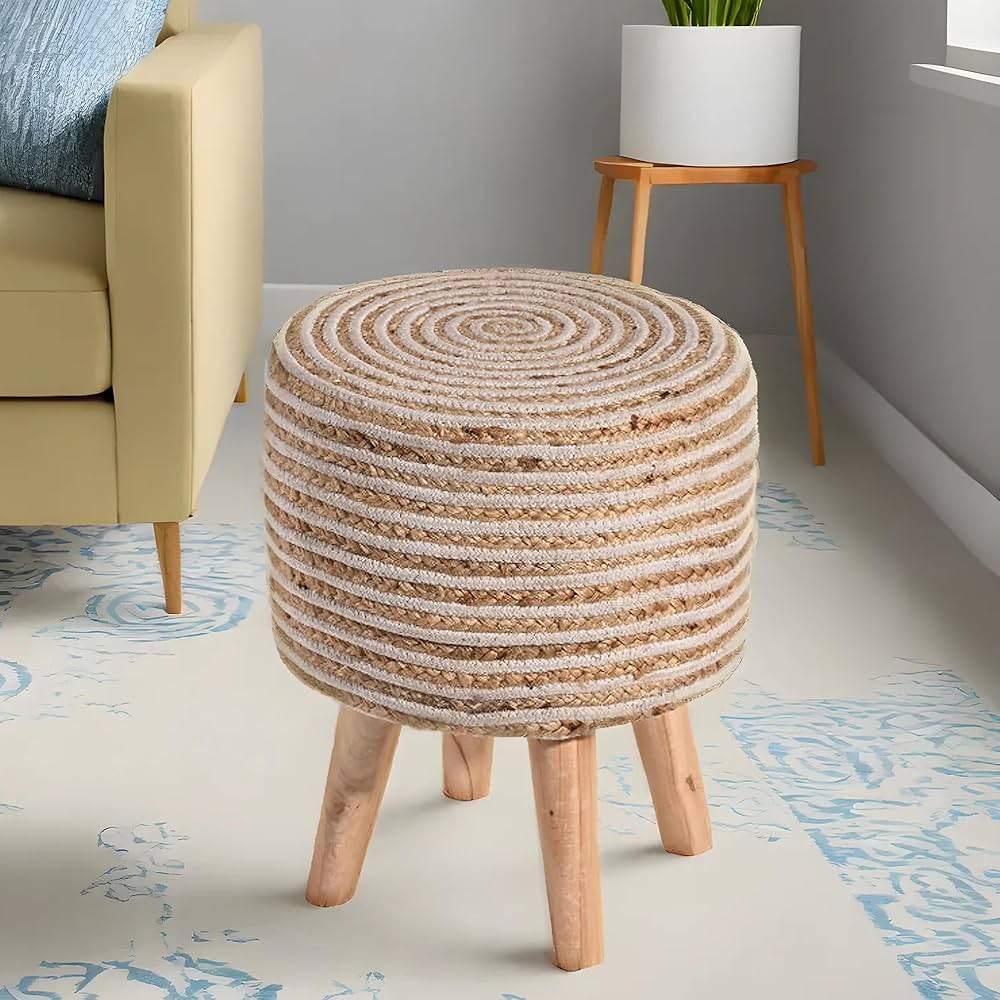 White Cotton Jute Poufs, Wooden Ottoman Stools For Living Room - Multiple Sizes