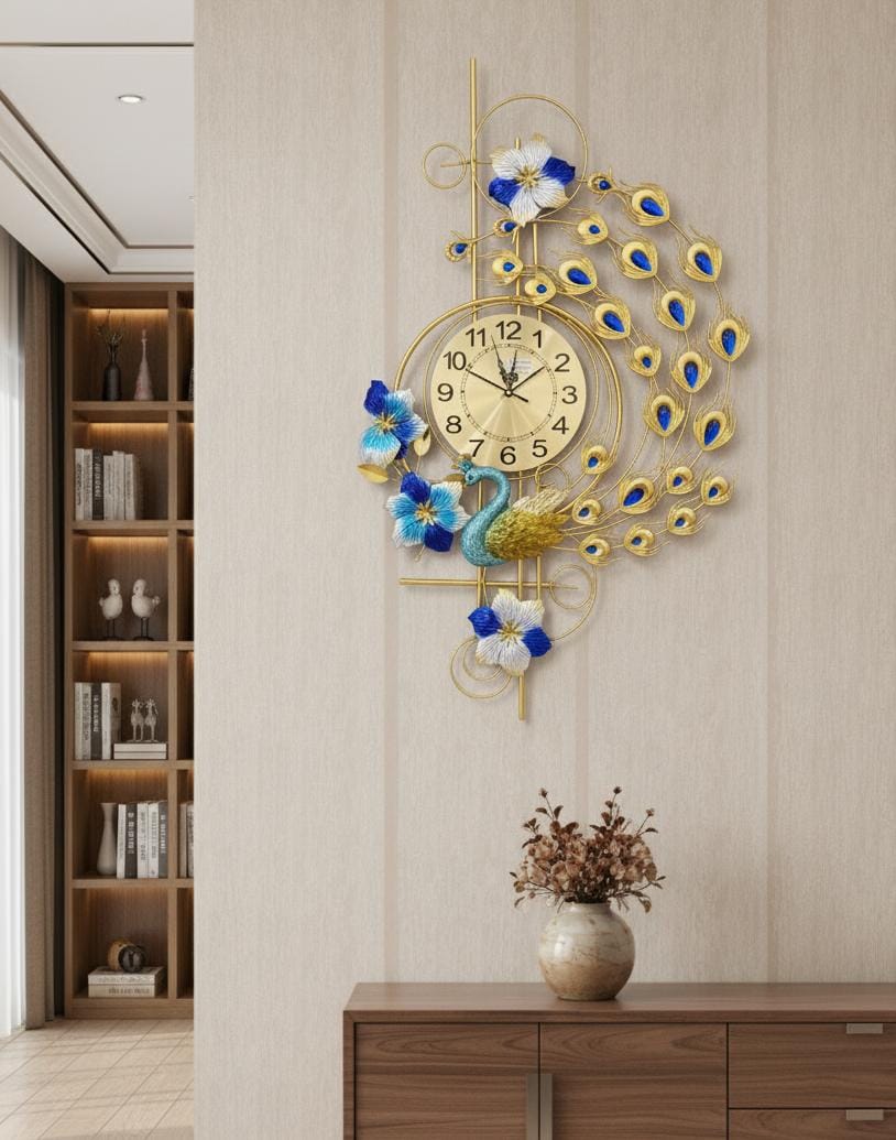 Luxury Blue Jewel Peacock Wall Art Clock