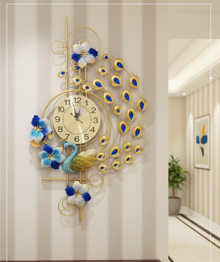 Luxury Blue Jewel Peacock Wall Art Clock