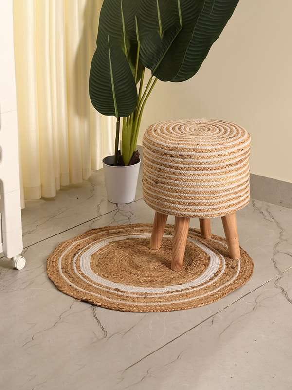 White Cotton Jute Poufs, Wooden Ottoman Stools For Living Room - Multiple Sizes