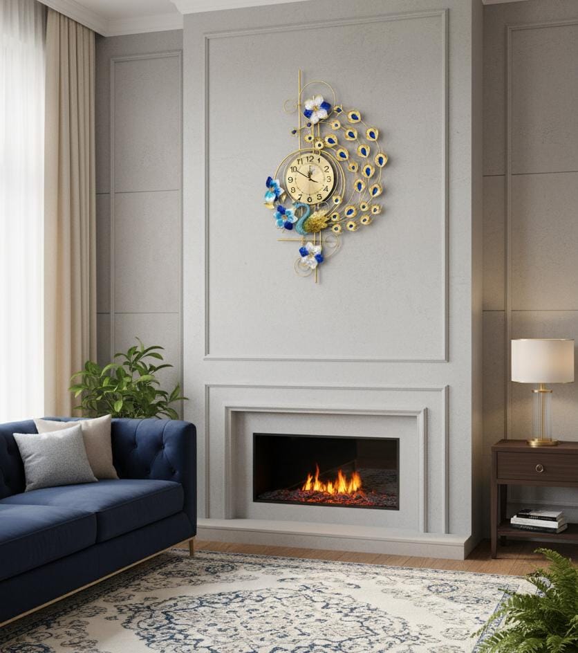 Luxury Blue Jewel Peacock Wall Art Clock
