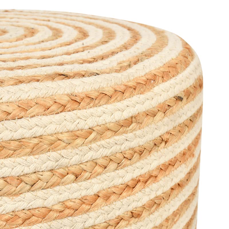 White Cotton Jute Poufs, Wooden Ottoman Stools For Living Room - Multiple Sizes