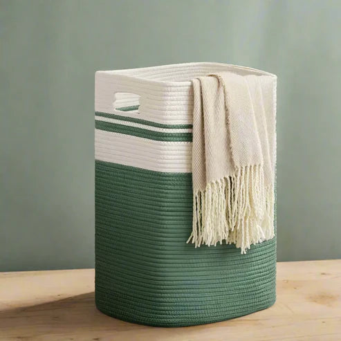 White & Green Cotton Stripes Laundry Basket - 18 x 15 x 11 inch