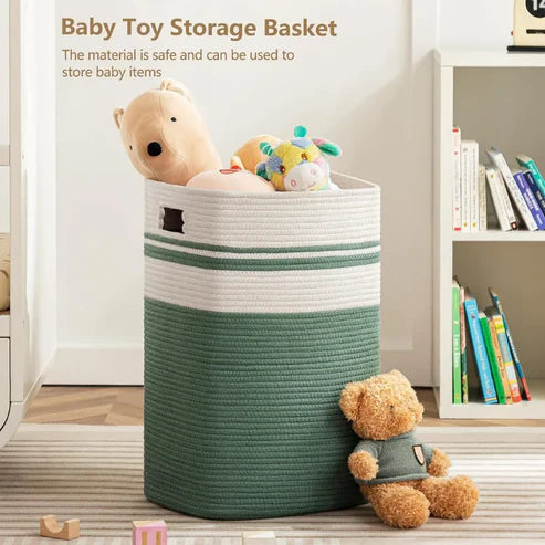 White & Green Cotton Stripes Laundry Basket - 18 x 15 x 11 inch