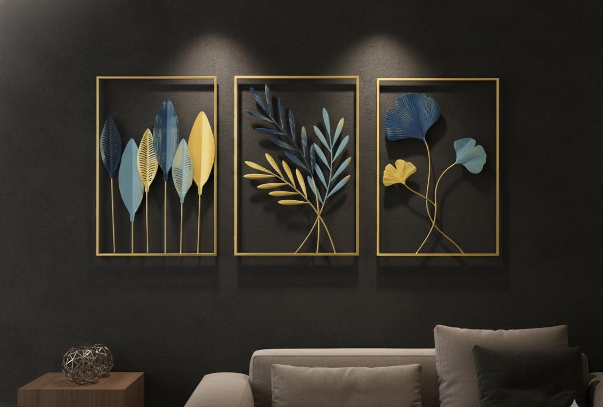 Gold Frames & Sapphire Tones: 3-Piece Leaf Art