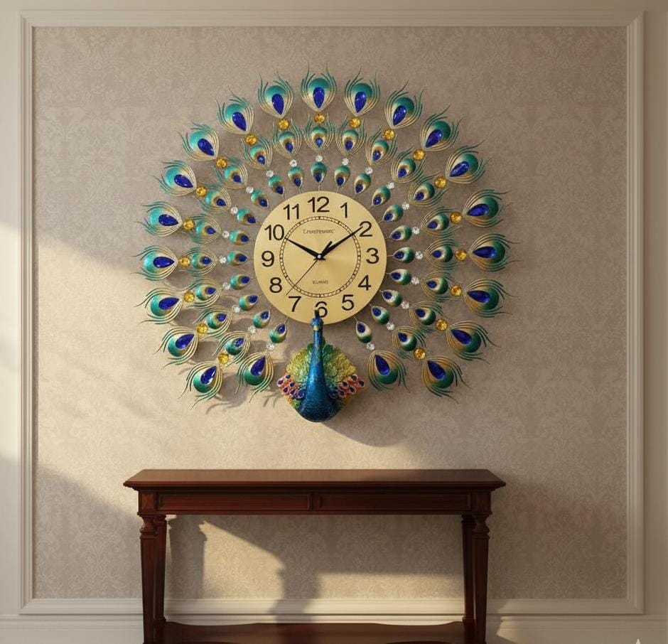 Majestic Peacock Feather Wall Clock: Gilded Elegance