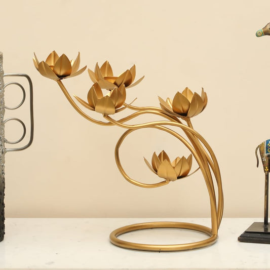 Golden Lotus Bloom Metal Showpiece & Tealight Holder