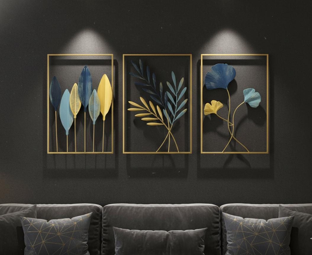 Gold Frames & Sapphire Tones: 3-Piece Leaf Art