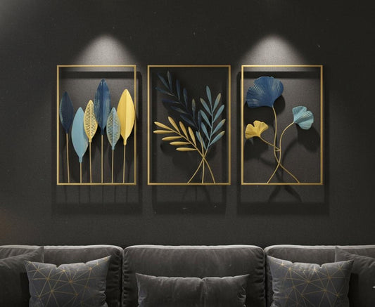 Gold Frames & Sapphire Tones: 3-Piece Leaf Art