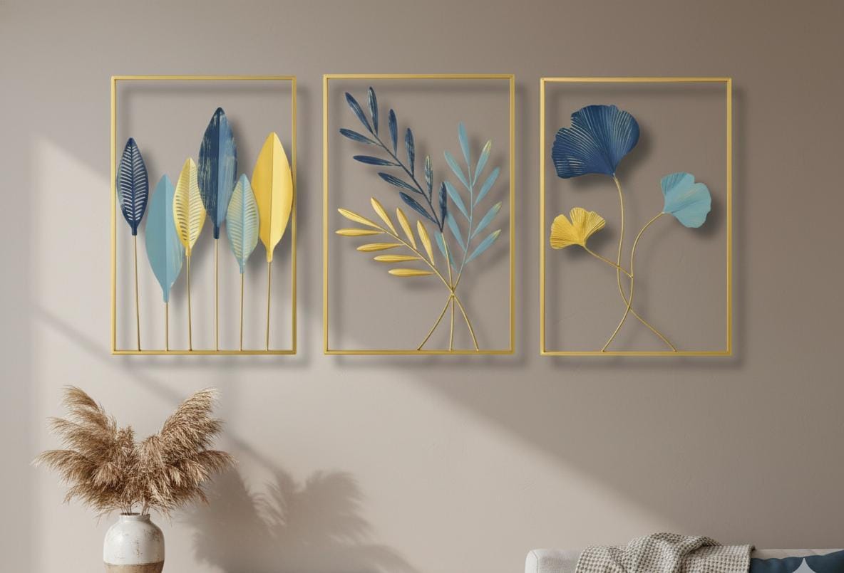 Gold Frames & Sapphire Tones: 3-Piece Leaf Art