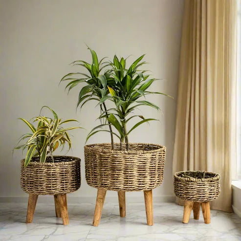 Rustic & Eco-Friendly Handwoven Beige & White Jute Planter Baskets - Set of 3