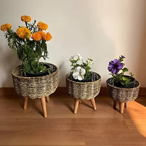 Rustic & Eco-Friendly Handwoven Beige & White Jute Planter Baskets - Set of 3