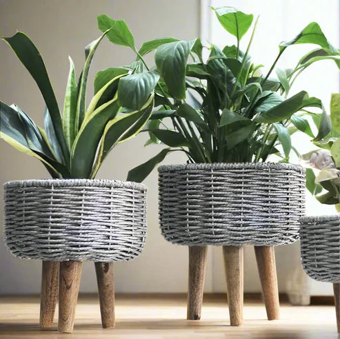 Rustic & Eco-Friendly Handwoven Beige & White Jute Planter Baskets - Set of 3