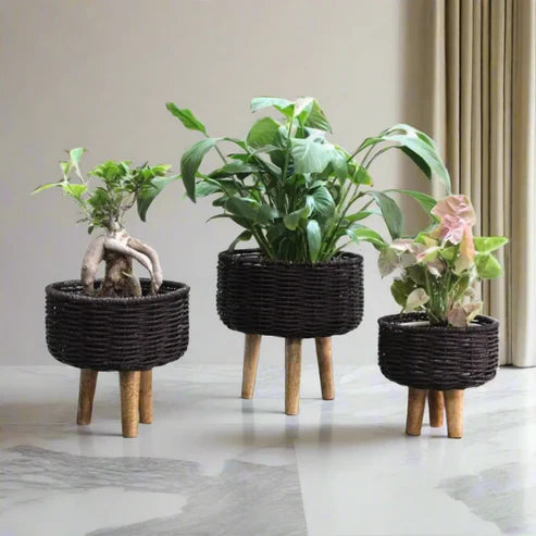 Rustic & Eco-Friendly Handwoven Black & Red Jute Planter Baskets - Set of 3