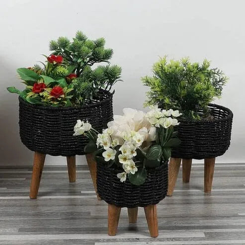 Rustic & Eco-Friendly Handwoven Black & Red Jute Planter Baskets - Set of 3
