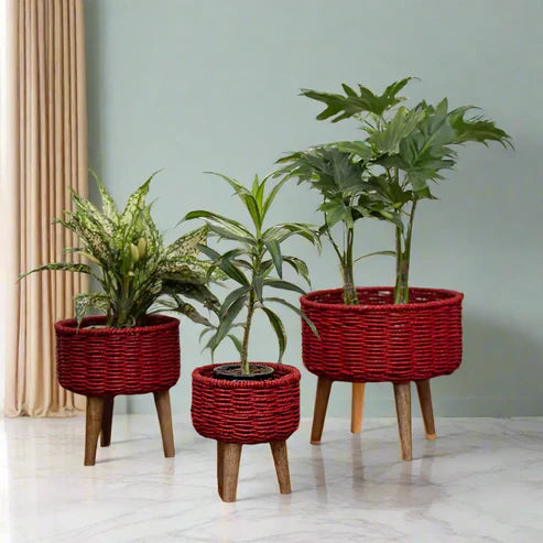 Rustic & Eco-Friendly Handwoven Black & Red Jute Planter Baskets - Set of 3