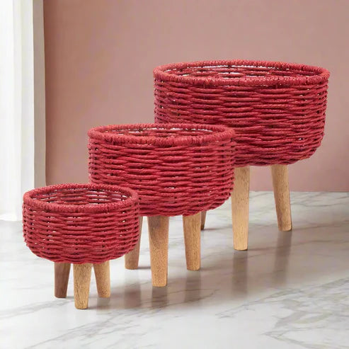 Rustic & Eco-Friendly Handwoven Black & Red Jute Planter Baskets - Set of 3
