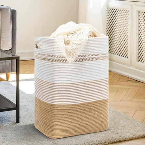 White & Beige Cotton Rope Storage Basket - 18 x 15 x 11 inch