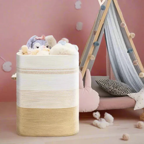White & Beige Cotton Rope Storage Basket - 18 x 15 x 11 inch