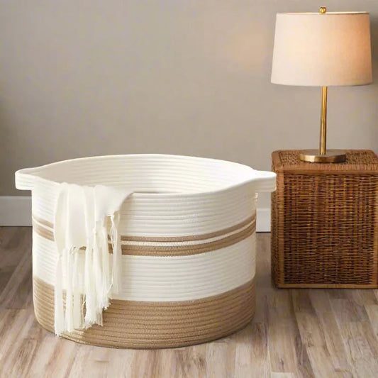 White & Beige Cotton Laundry Organizer - Small, Medium, Large