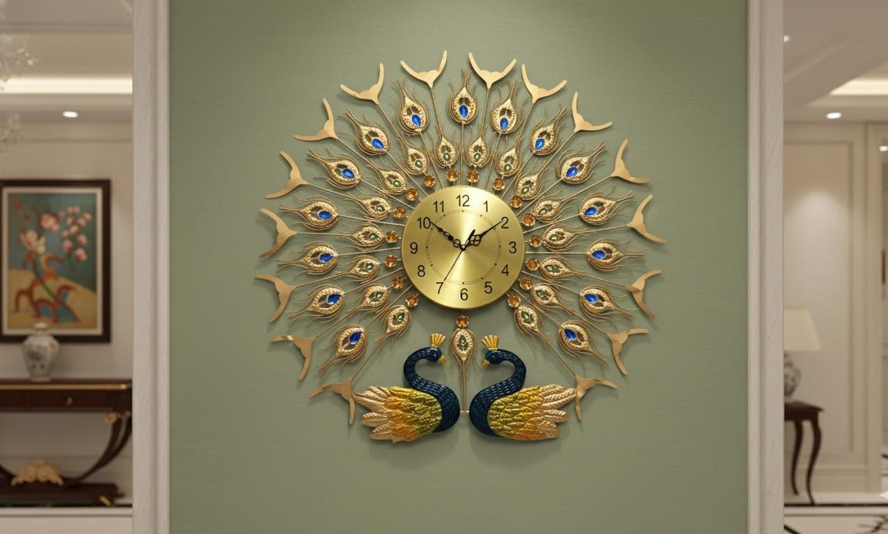 Glam Gold Feather burst Wall Clock with Double Peacock Base