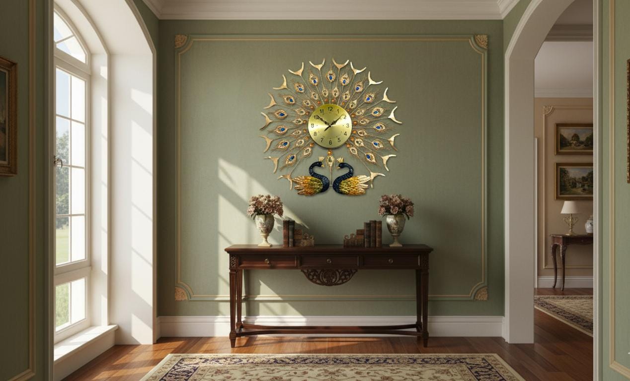 Glam Gold Feather burst Wall Clock with Double Peacock Base