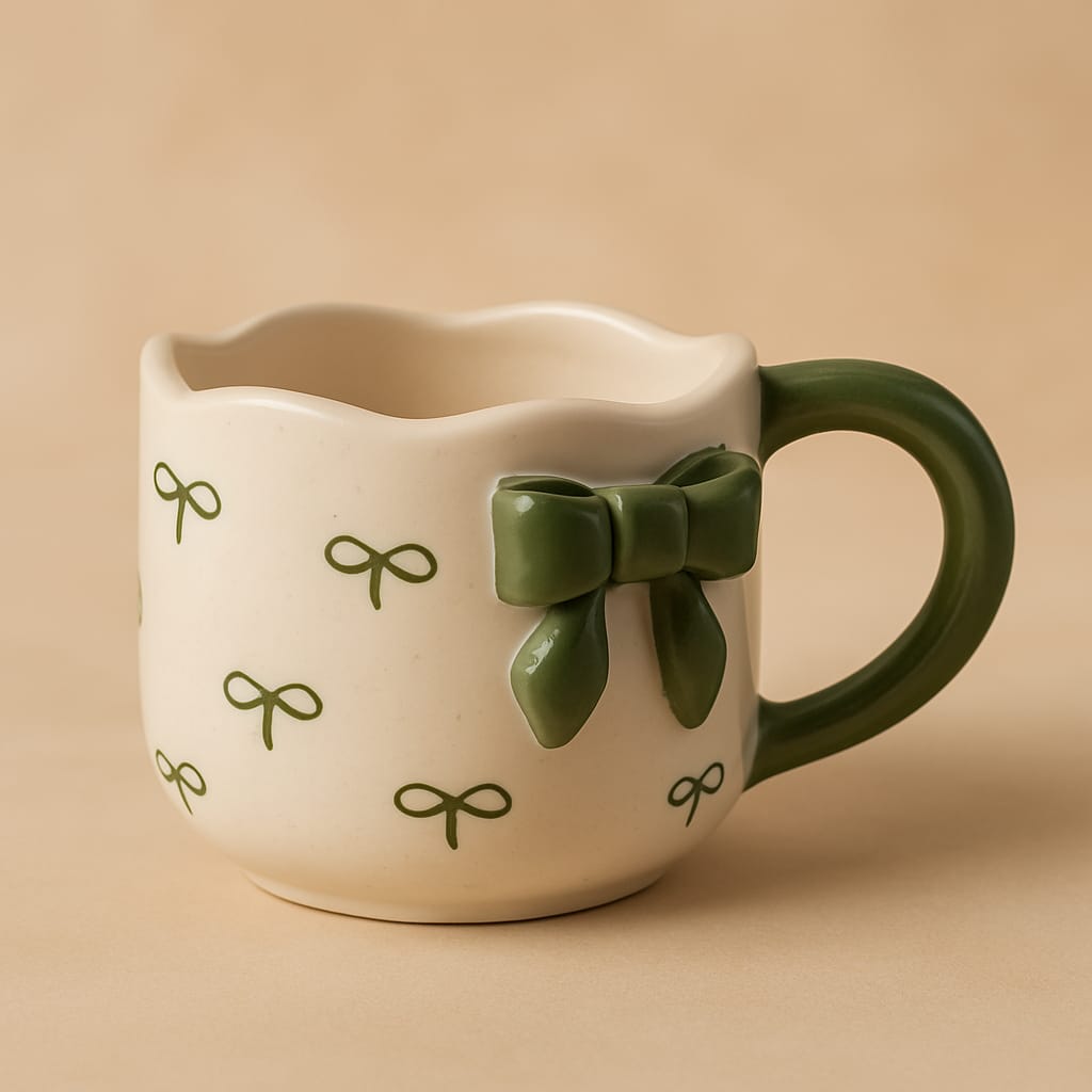 3D Green Bow Ceramic Mug - 250 ml