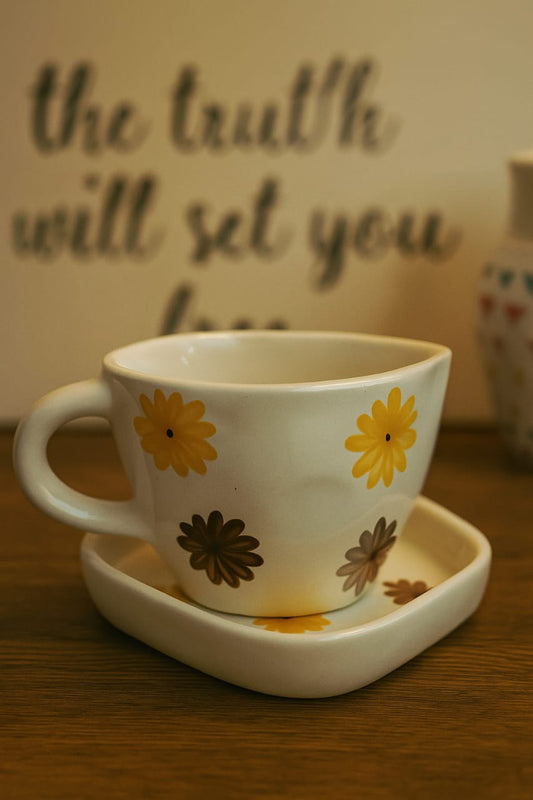 Yellow & Red Flowers Mug & Saucer Set - 250 ML