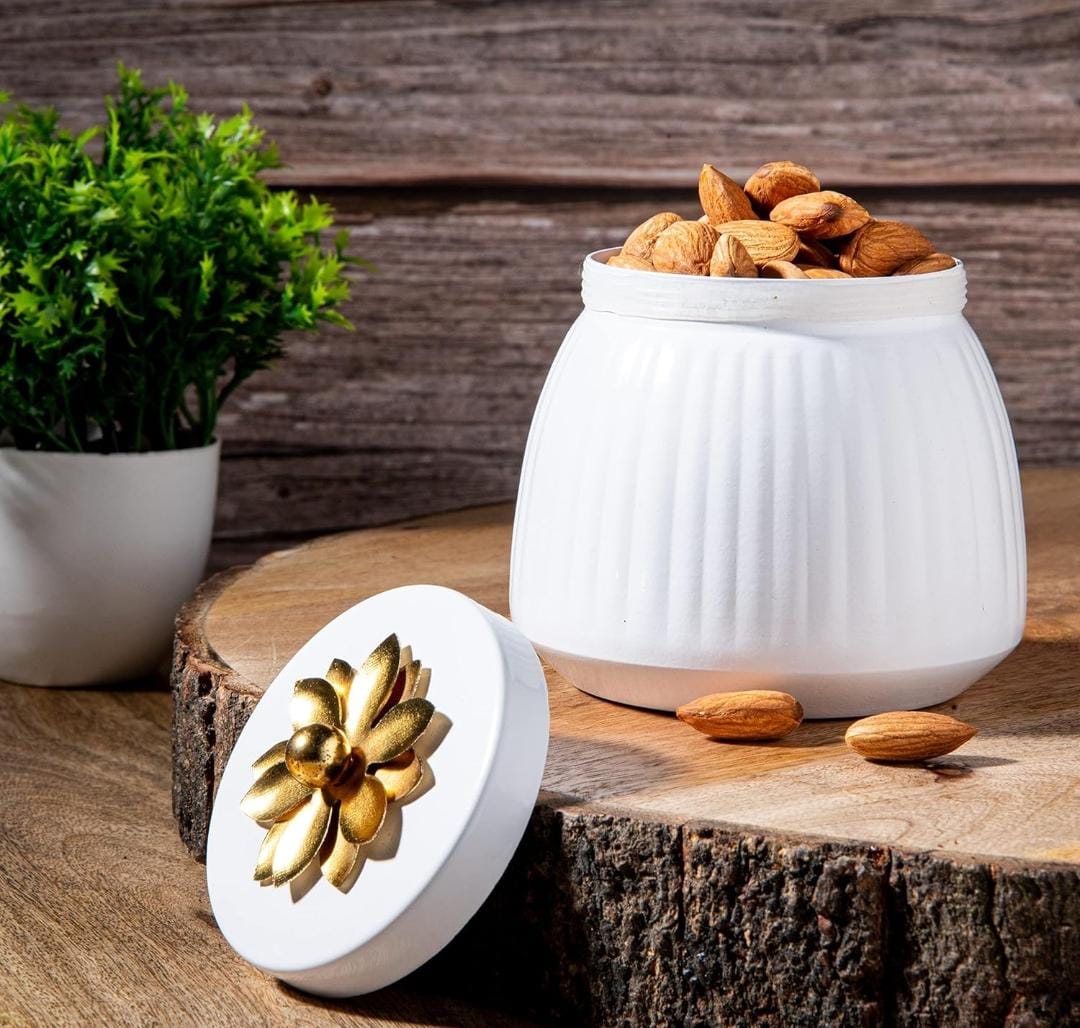 White Metal Dry Fruit Jar With Gold Lid