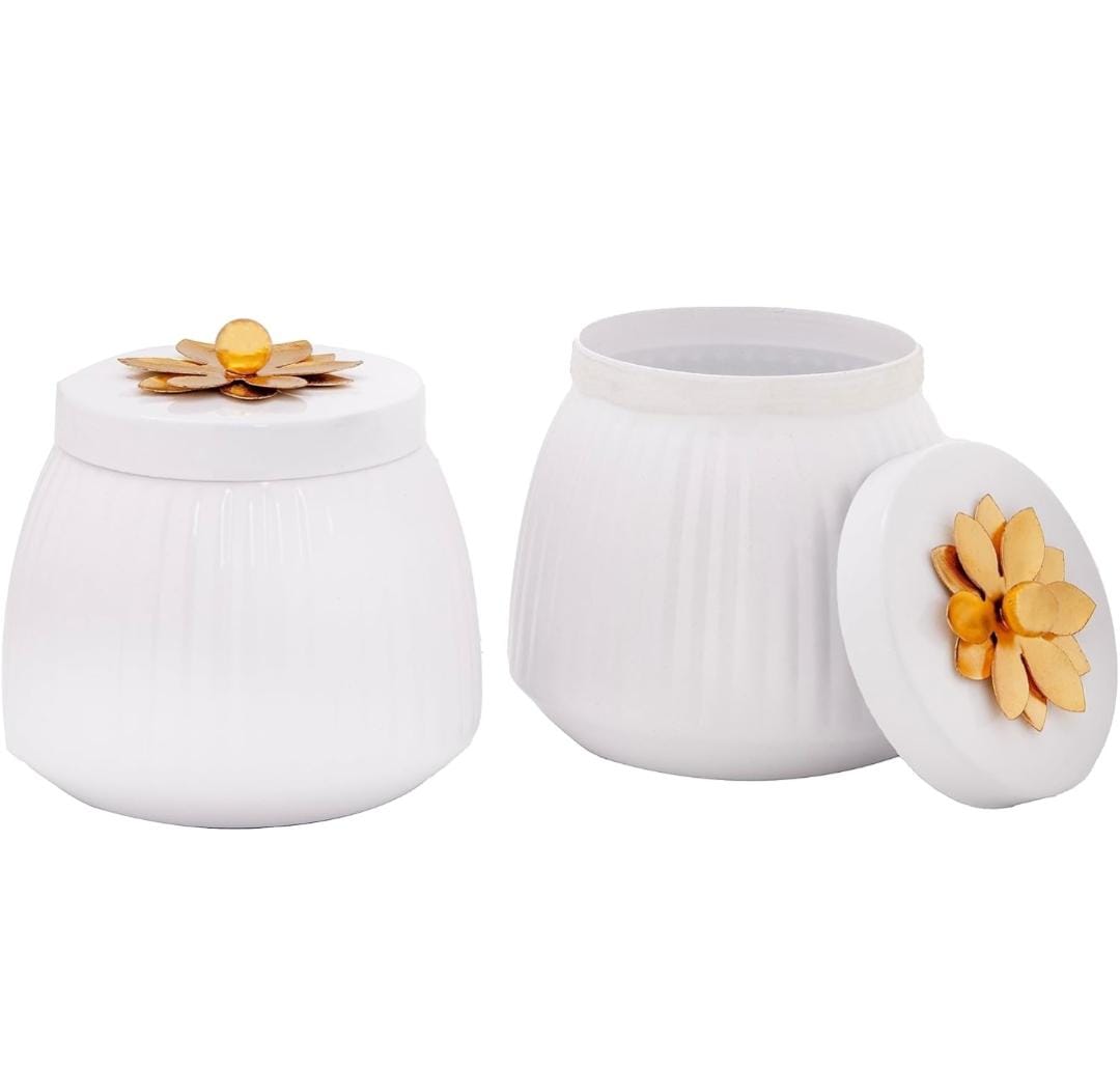 White Metal Dry Fruit Jar With Gold Lid