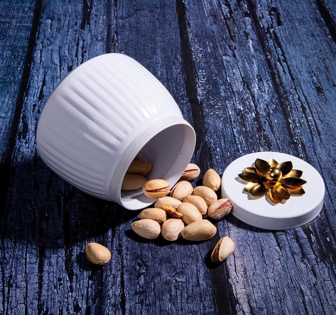 White Metal Dry Fruit Jar With Gold Lid