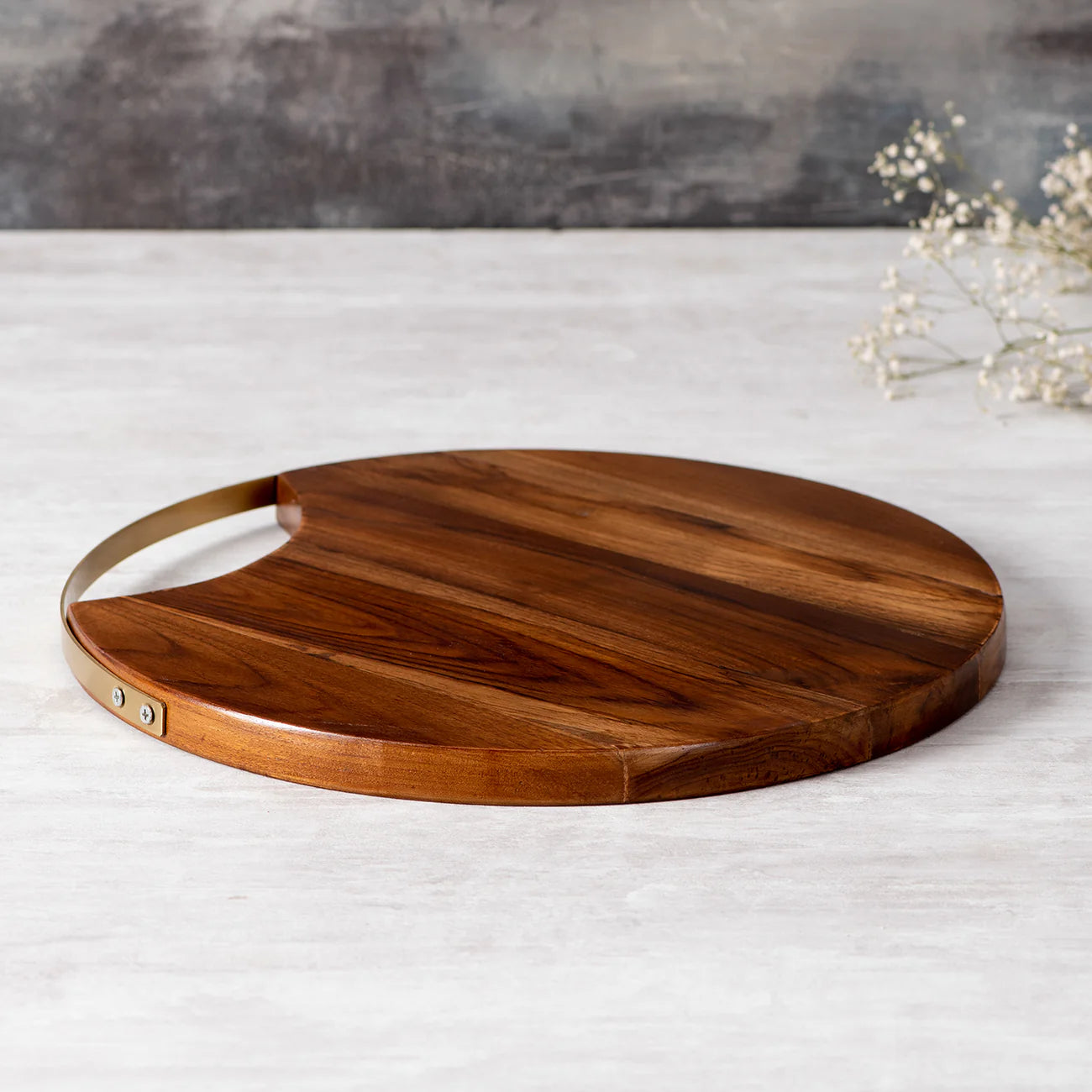 Inseparables Teak Wood Serving Platter Gold Handle