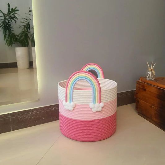 White & Pink Rainbow Cotton Storage Basket