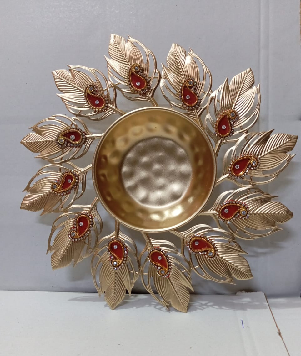 Golden Peacock Feather Decorative Bowl