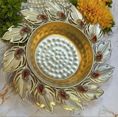 Golden Peacock Feather Decorative Bowl