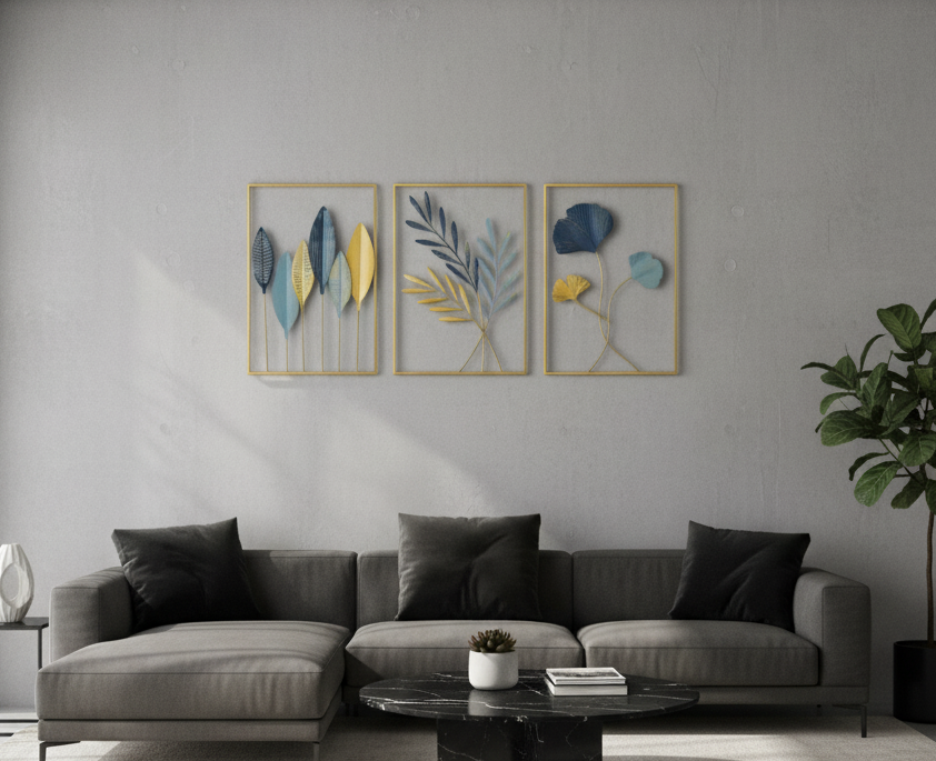 Gold Frames & Sapphire Tones: 3-Piece Leaf Art