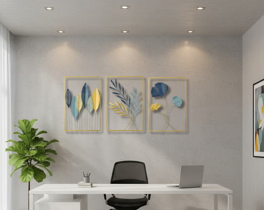 Gold Frames & Sapphire Tones: 3-Piece Leaf Art