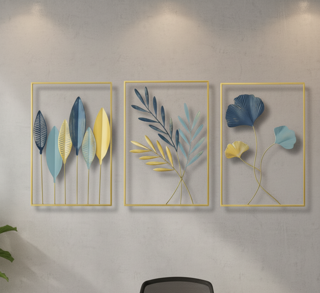 Gold Frames & Sapphire Tones: 3-Piece Leaf Art